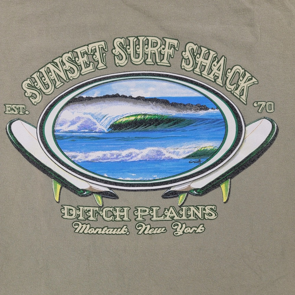 Coastal Classics Sunset Surf Shack Ditch Plains Montauk NY T-Shirt Mens L Green - Picture 2 of 7